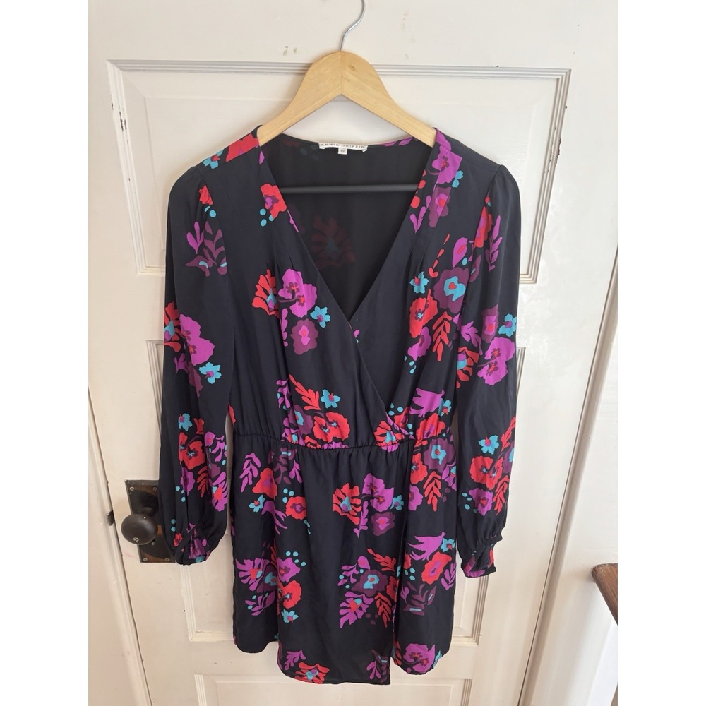 Annie Griffin Women's Black‎ Floral Silk Dress Faux Wrap Long Sleeves Size 10